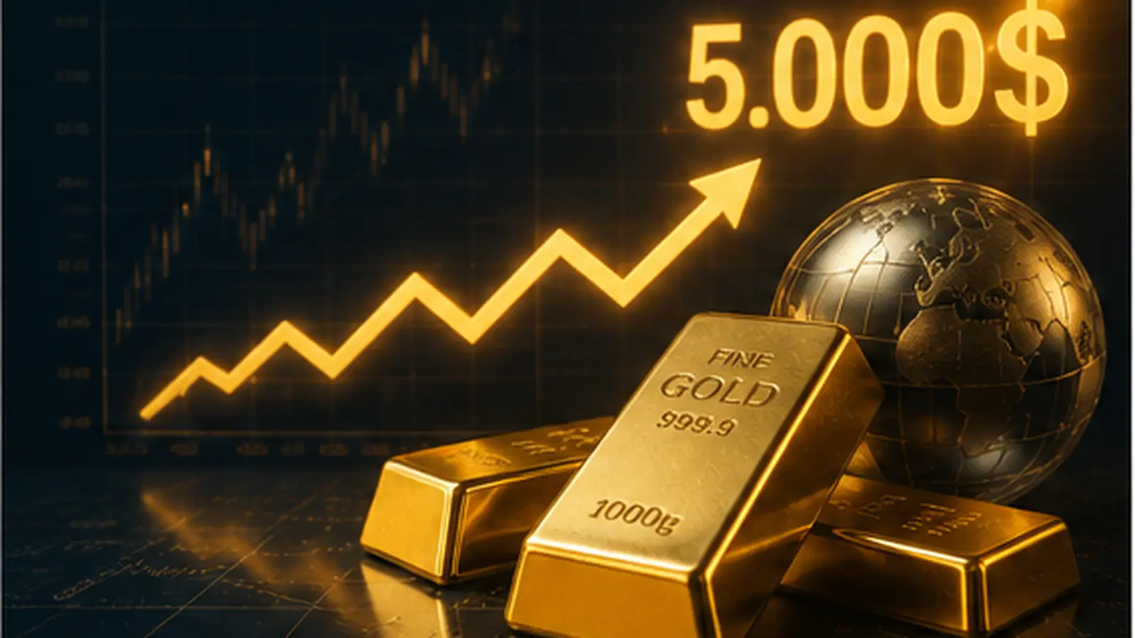 Yükselen ons altın grafiği, altın külçeleri ve 5.000 dolar seviyesini temsil eden finansal analiz görseli