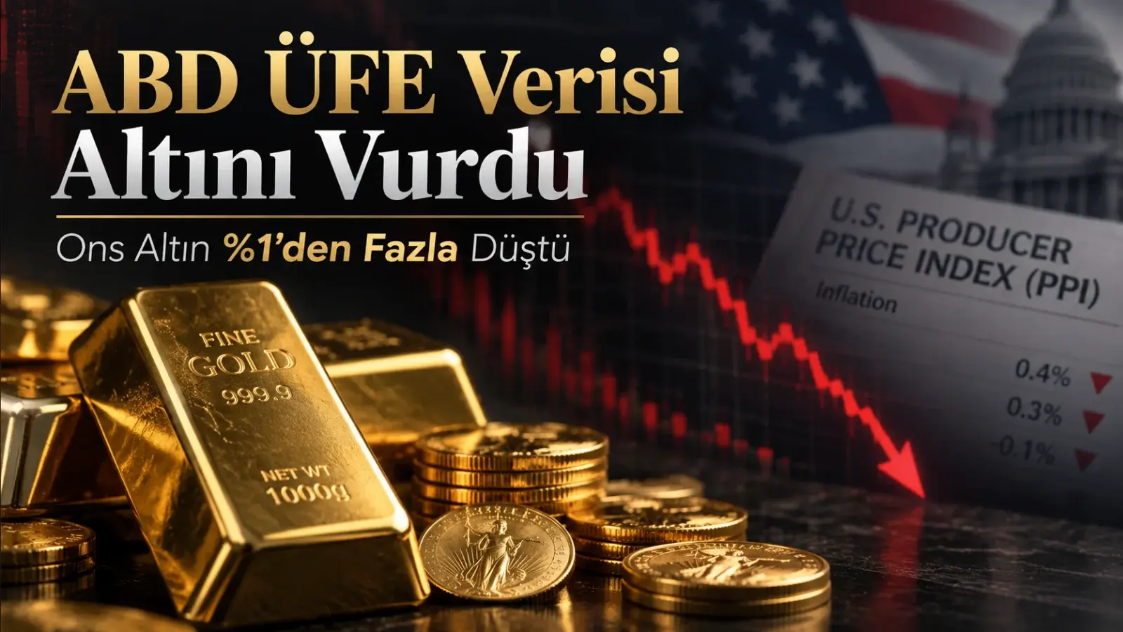 ABD ÜFE verisi sonrası ons altında düşüşü anlatan altın külçeleri ve aşağı yönlü grafik