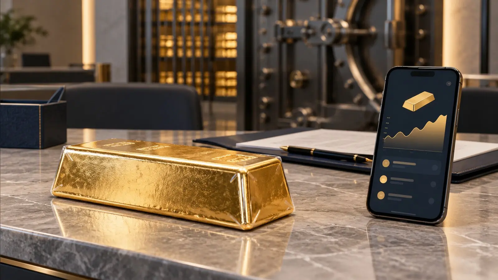 Banka kasası önünde külçe altın ve altın hesabı ekranı