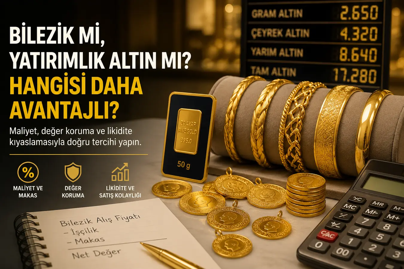 Altın bilezikler, altın paralar, 24 ayar külçe ve hesap makinesiyle altın yatırım seçeneklerini karşılaştıran finansal kapak görseli