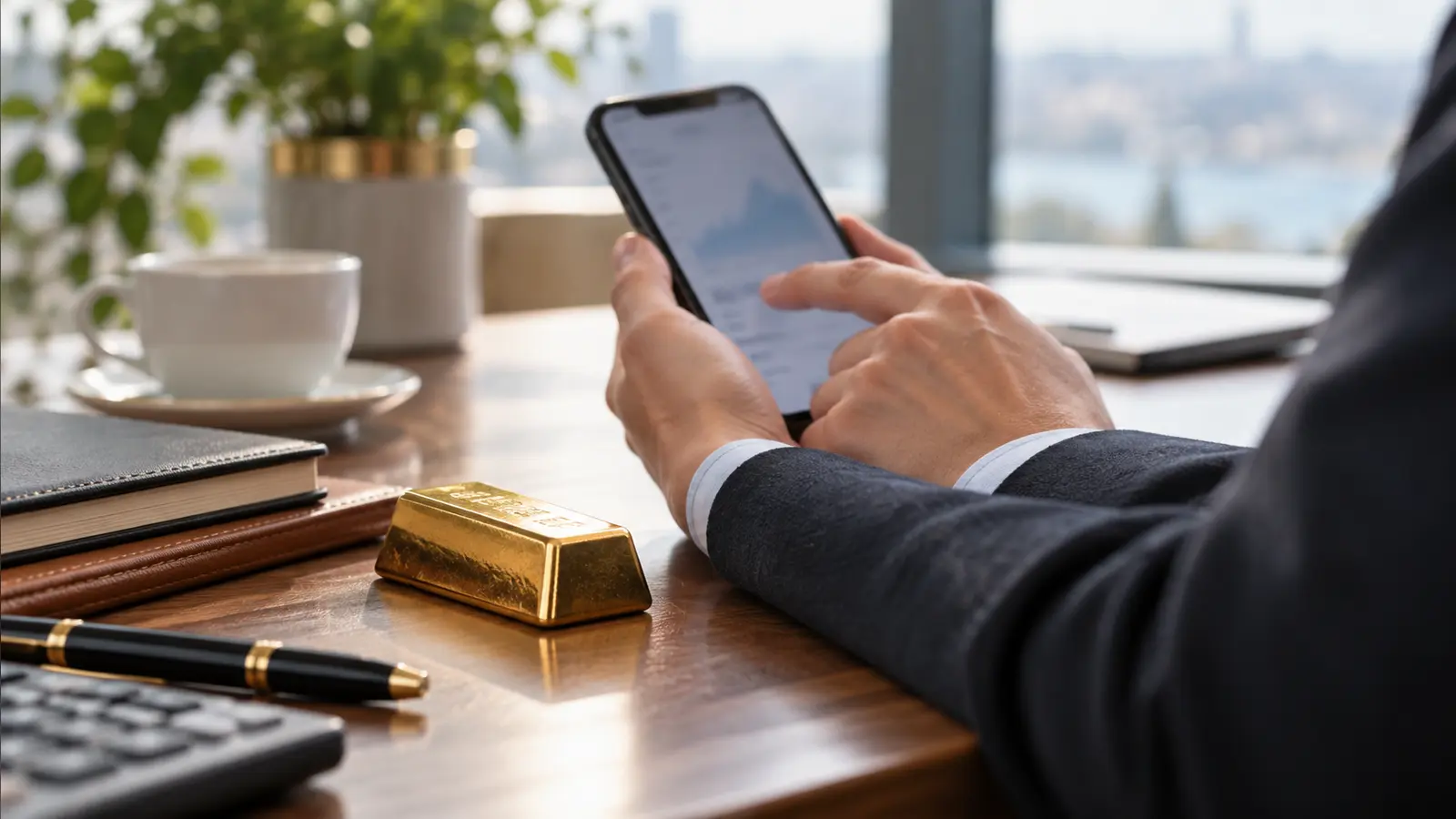 Mobil bankacılığı temsil eden telefon ve masanın üzerindeki altın külçe.