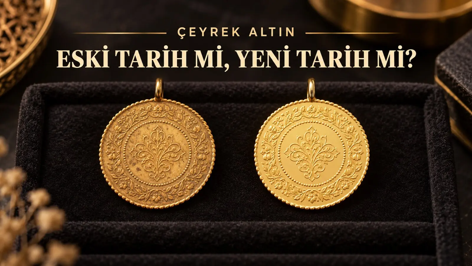 Kuyumcu tepsisinde eski görünümlü ve yeni görünümlü iki çeyrek altının karşılaştırılması