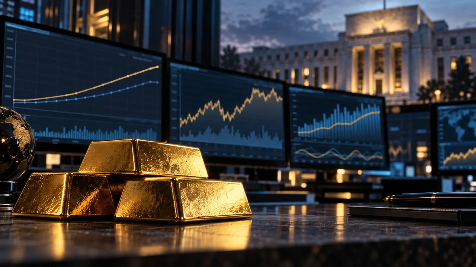 Altın külçeleri, faiz grafikleri ve merkez bankası binası
