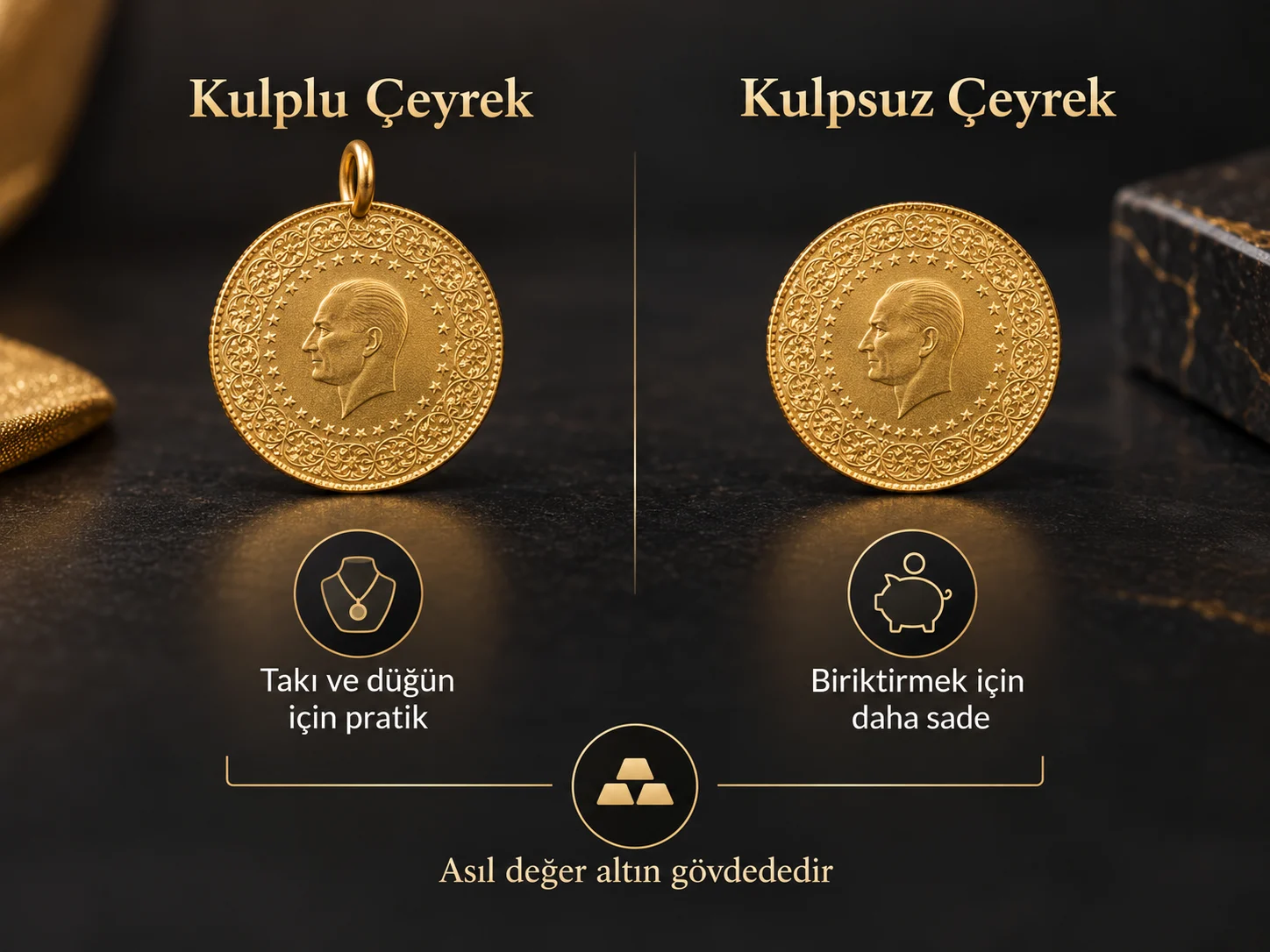 Kulplu çeyrekte ek halka bulunurken kulpsuz çeyrek altın herhangi bir aparat olmadan saklanır.