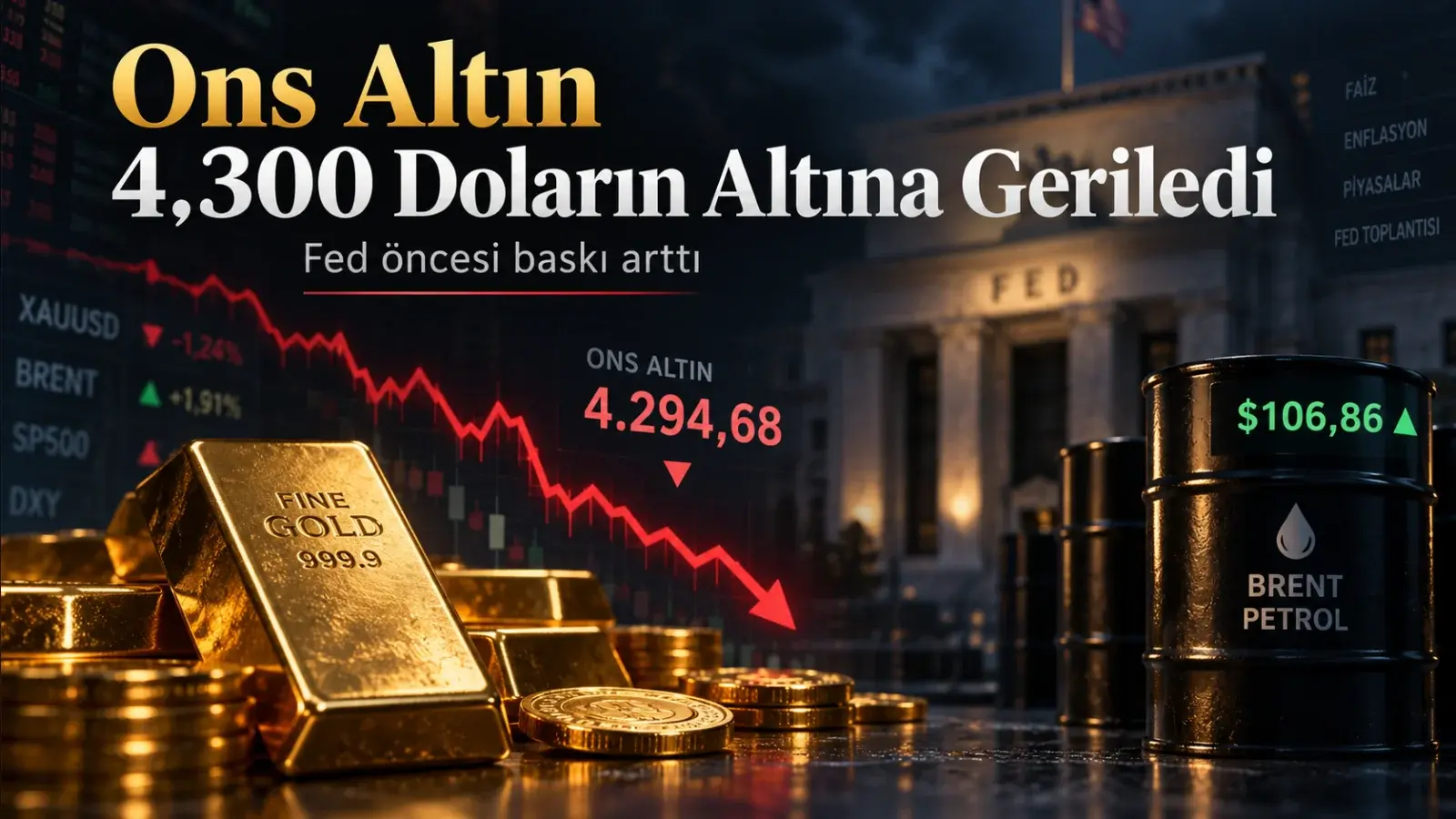 Ons altın 4.300 doların altına gerilerken Fed öncesi yükselen tahvil faizleri ve petrol fiyatları piyasada baskı oluşturuyor.