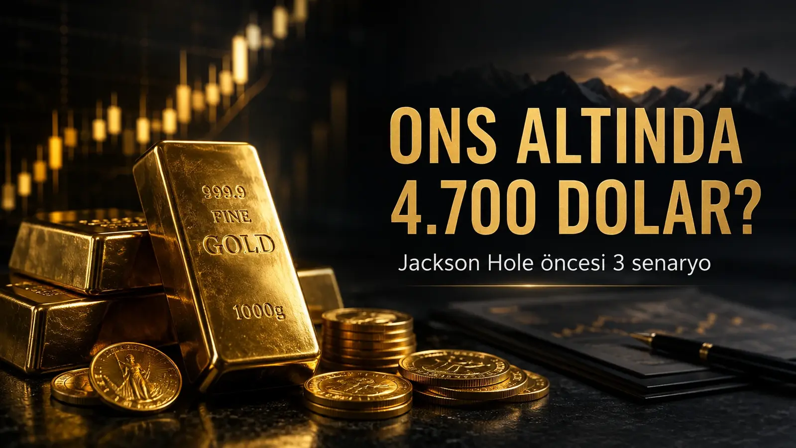 Koyu finans ekranı önünde altın külçeleri ve paralar, sağ tarafta Ons Altında 4.700 Dolar? Jackson Hole öncesi 3 senaryo yazısı