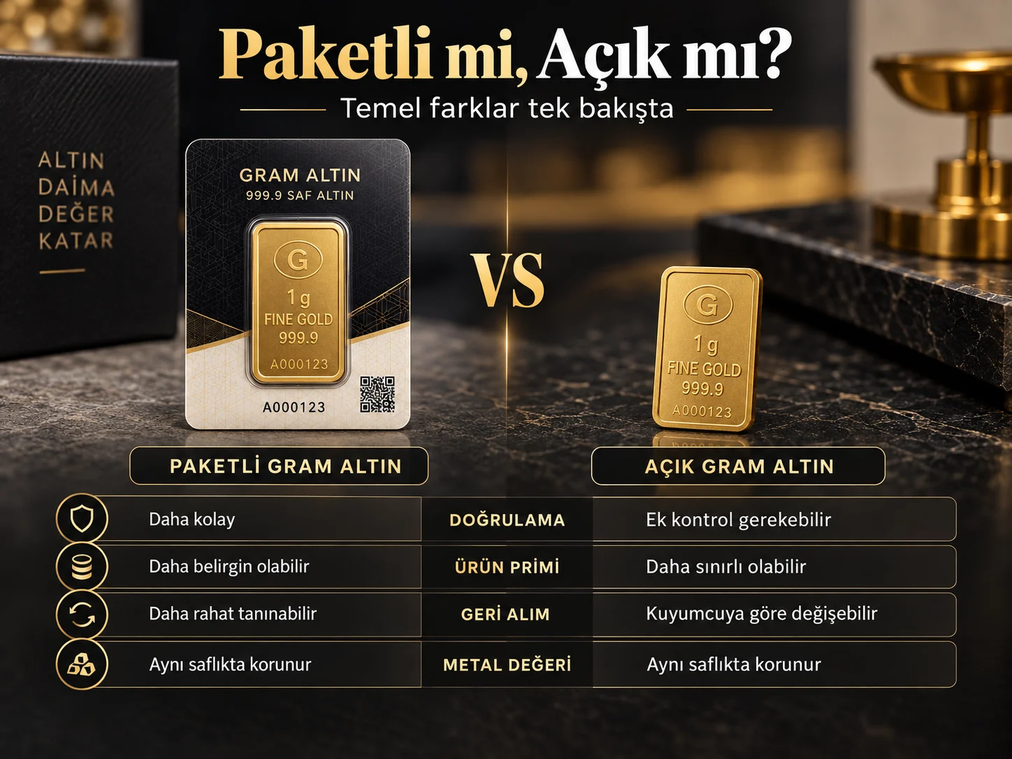 Paketli gram altın ile açık gram altının doğrulama, ürün primi, geri alım ve metal değeri açısından karşılaştırması