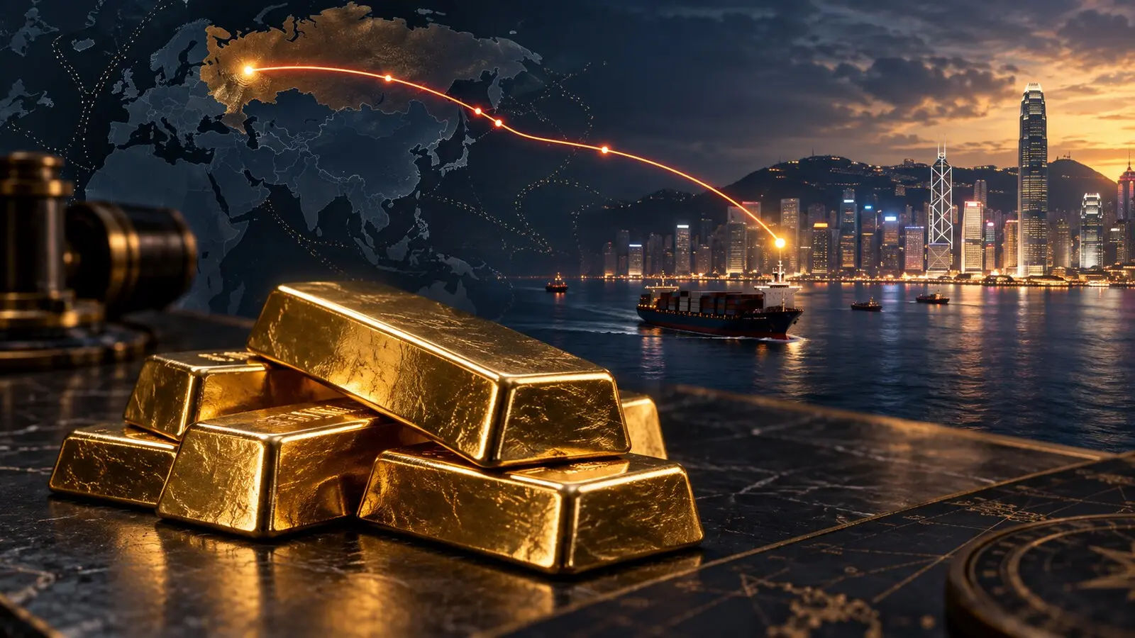 Külçe altınlar, Asya haritası üzerindeki ticaret rotası ve Hong Kong silüeti