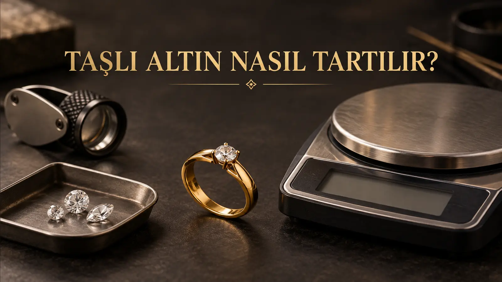 Kuyumcu terazisinin yanında taşlı altın yüzük, büyüteç ve ayrı bir kapta duran taşlar